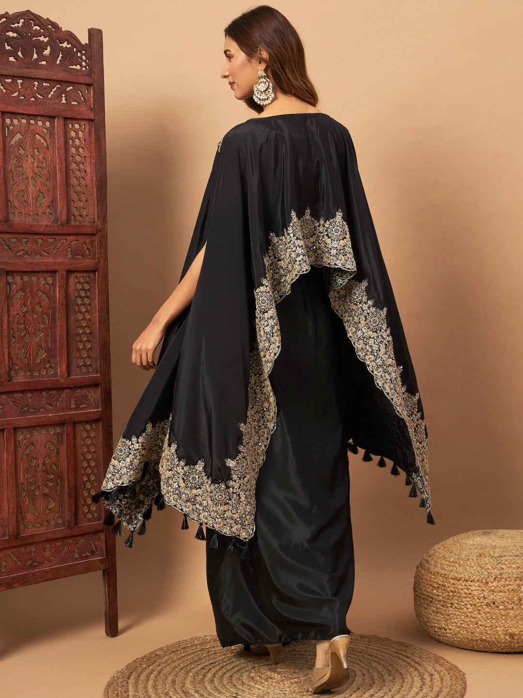 Chhabra 555 Crepe Silk Crop-Top Skirt Indo-western Set With Zari Embroidered Kaftan & Tassels 