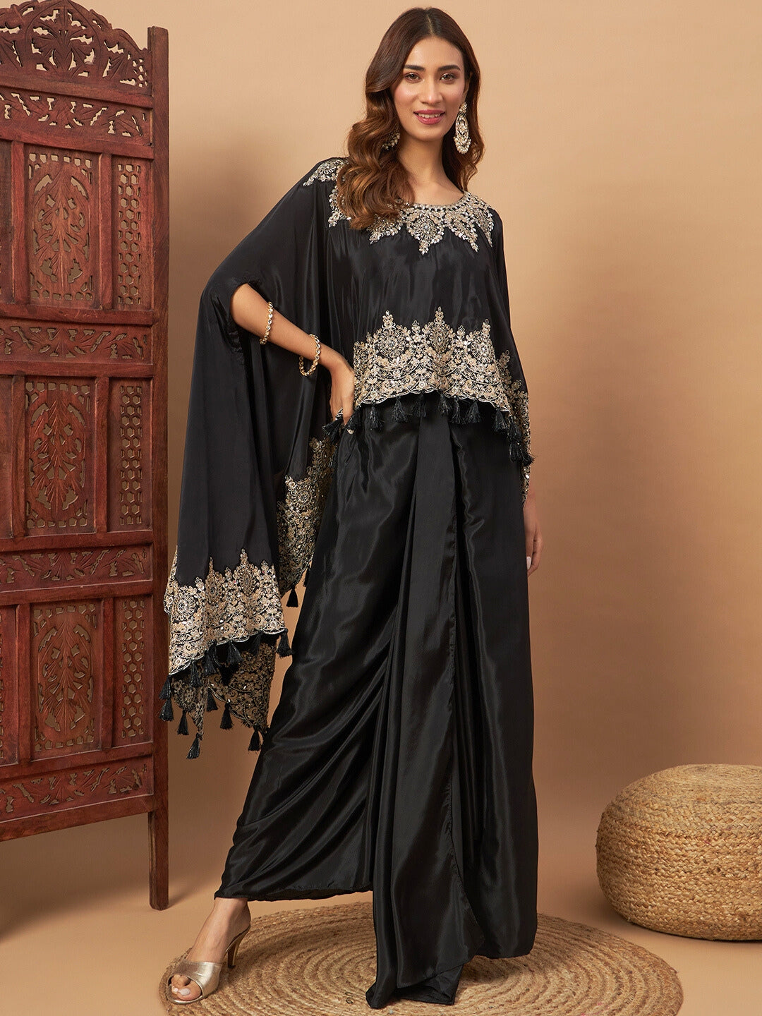 Chhabra 555 Crepe Silk Crop-Top Skirt Indo-western Set With Zari Embroidered Kaftan & Tassels 