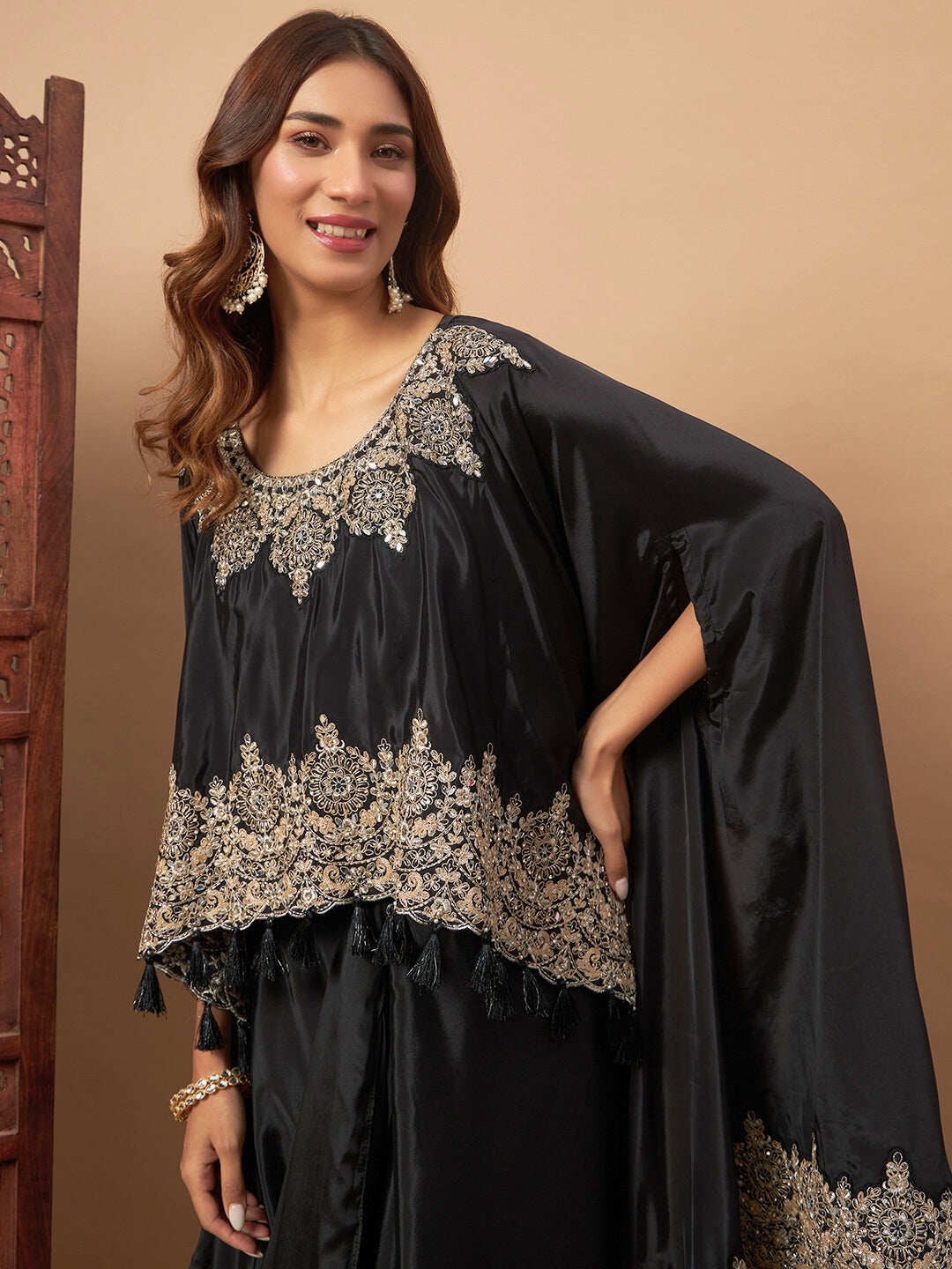 Chhabra 555 Crepe Silk Crop-Top Skirt Indo-western Set With Zari Embroidered Kaftan & Tassels 