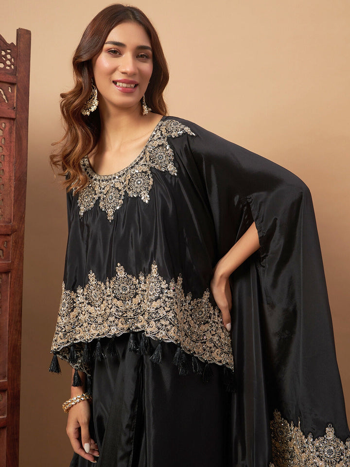 Chhabra 555 Crepe Silk Crop-Top Skirt Indo-western Set With Zari Embroidered Kaftan & Tassels 