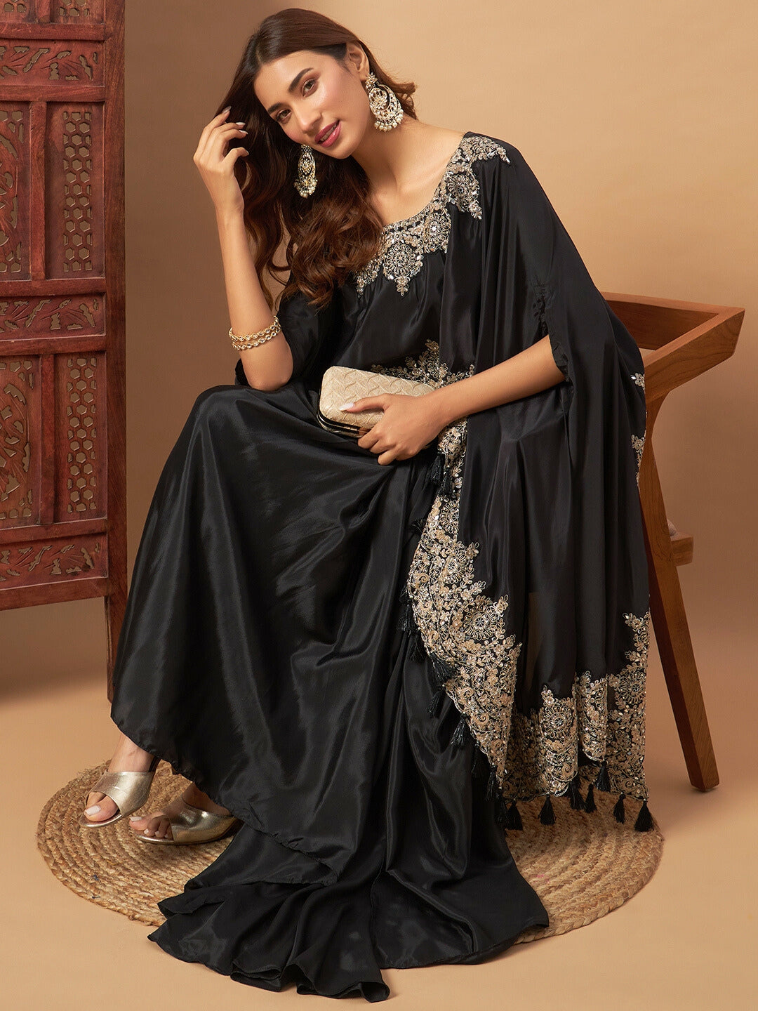 Chhabra 555 Crepe Silk Crop-Top Skirt Indo-western Set With Zari Embroidered Kaftan & Tassels 