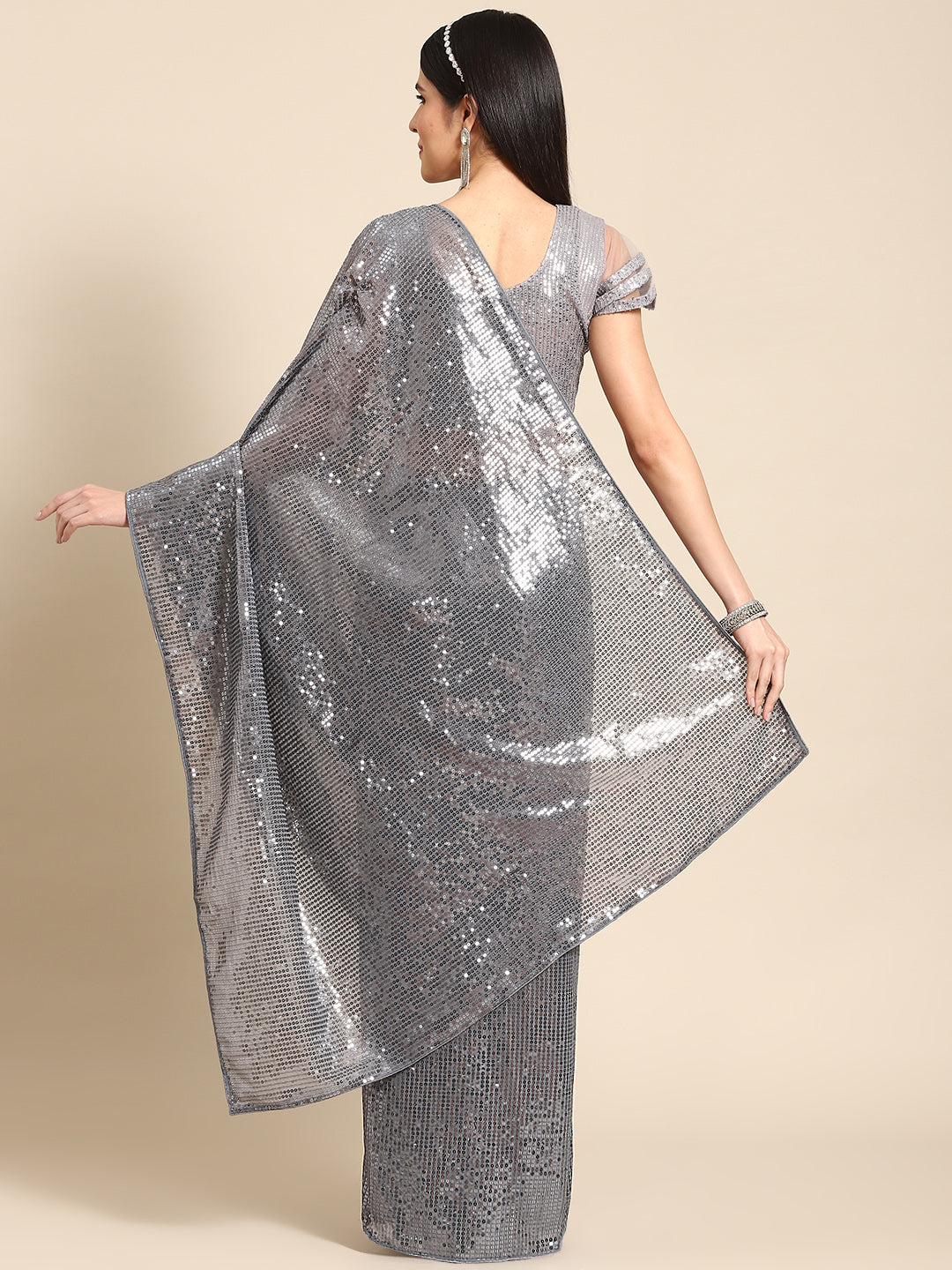 Grey Heavy Sequin Embellished Party Georgette Bling Cocktail Saree