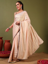 Chhabra 555 Crystal Swarovski Embellished Satin Georgette Cocktail Saree with Weaved Zari Stripes