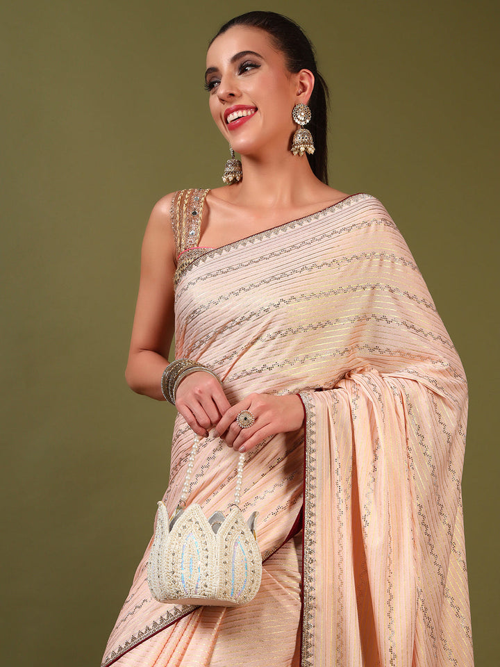 Crystal Swarovski Embellished Satin Georgette Cocktail Saree with Weaved Zari Stripes
