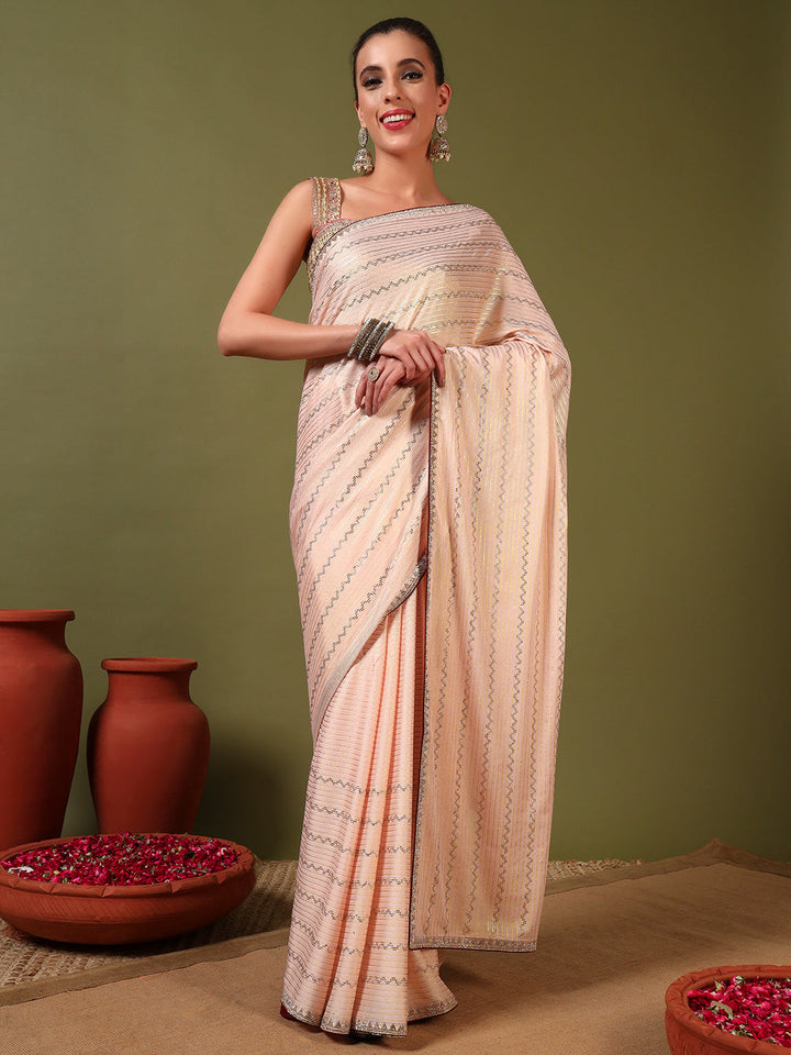 Crystal Swarovski Embellished Satin Georgette Cocktail Saree with Weaved Zari Stripes