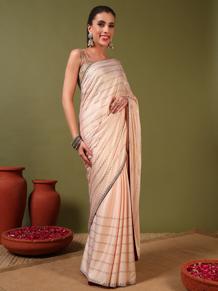 Crystal Swarovski Embellished Satin Georgette Cocktail Saree with Weaved Zari Stripes