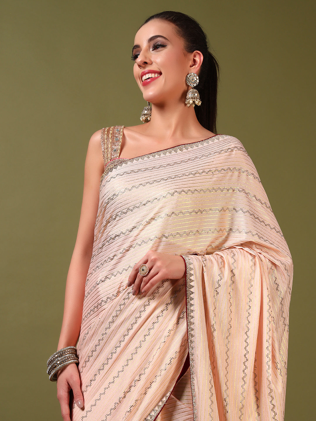 Crystal Swarovski Embellished Satin Georgette Cocktail Saree with Weaved Zari Stripes