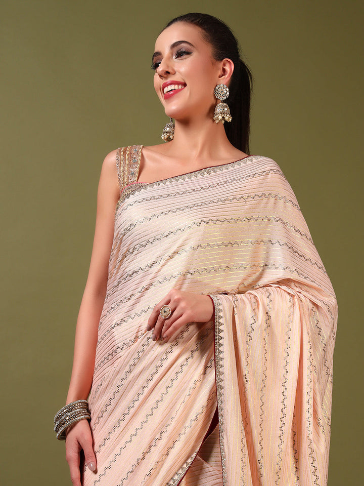 Crystal Swarovski Embellished Satin Georgette Cocktail Saree with Weaved Zari Stripes