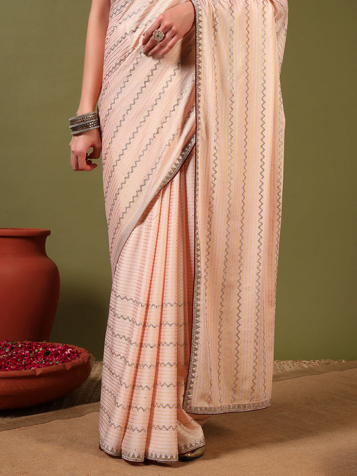 Crystal Swarovski Embellished Satin Georgette Cocktail Saree with Weaved Zari Stripes