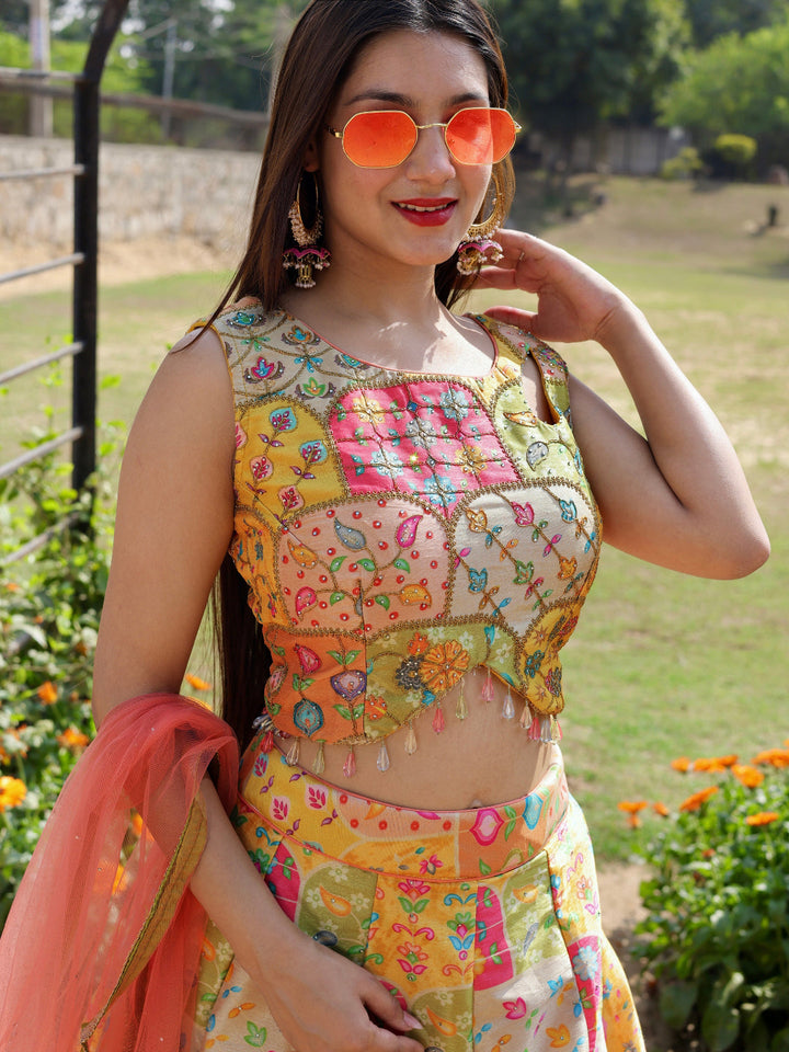 Chhabra 555 Floral Digital Print Crystal Embellished Crop top Lehenga Set with Contrast dupatta