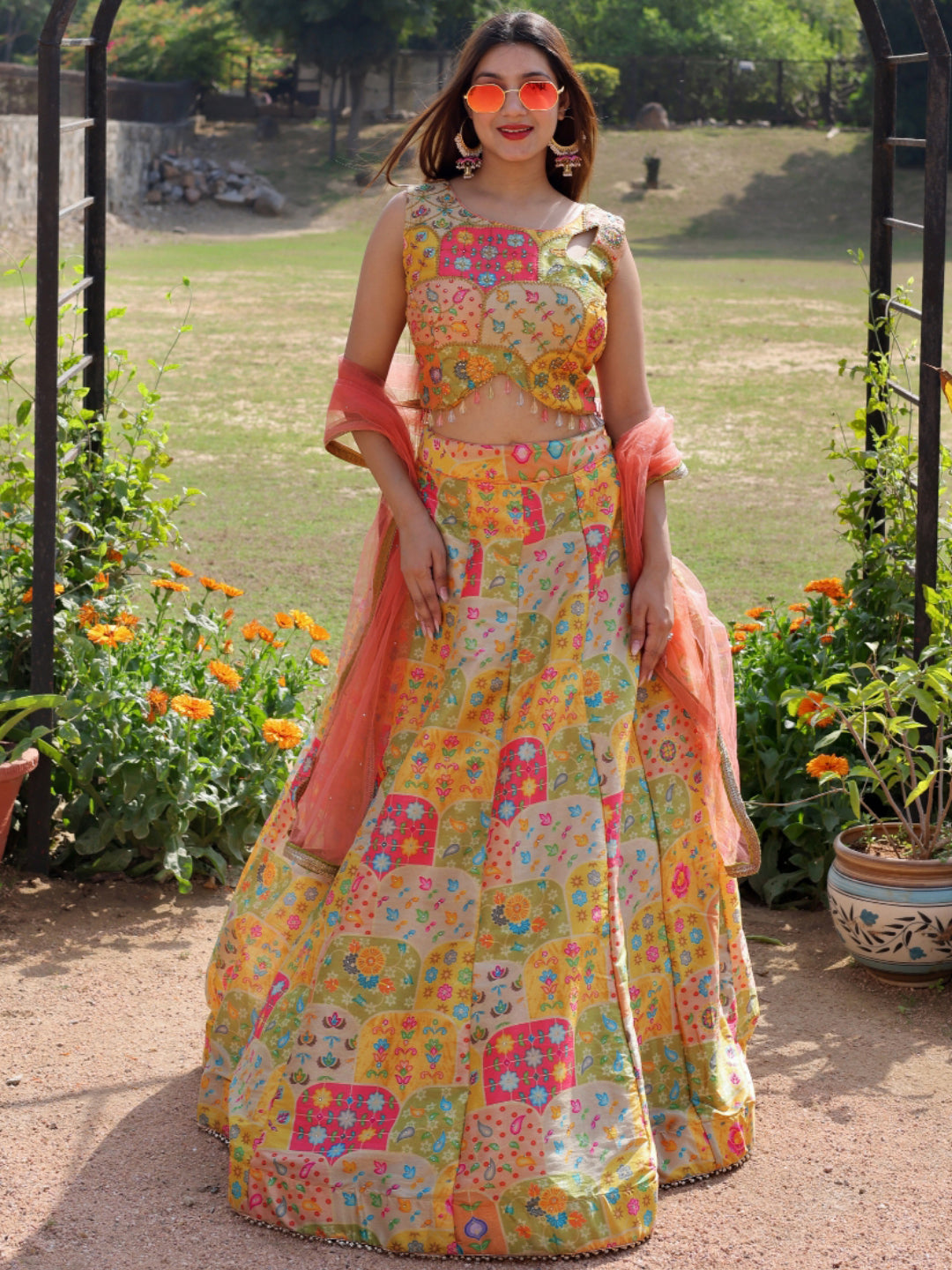 Chhabra 555 Floral Digital Print Crystal Embellished Crop top Lehenga Set with Contrast dupatta