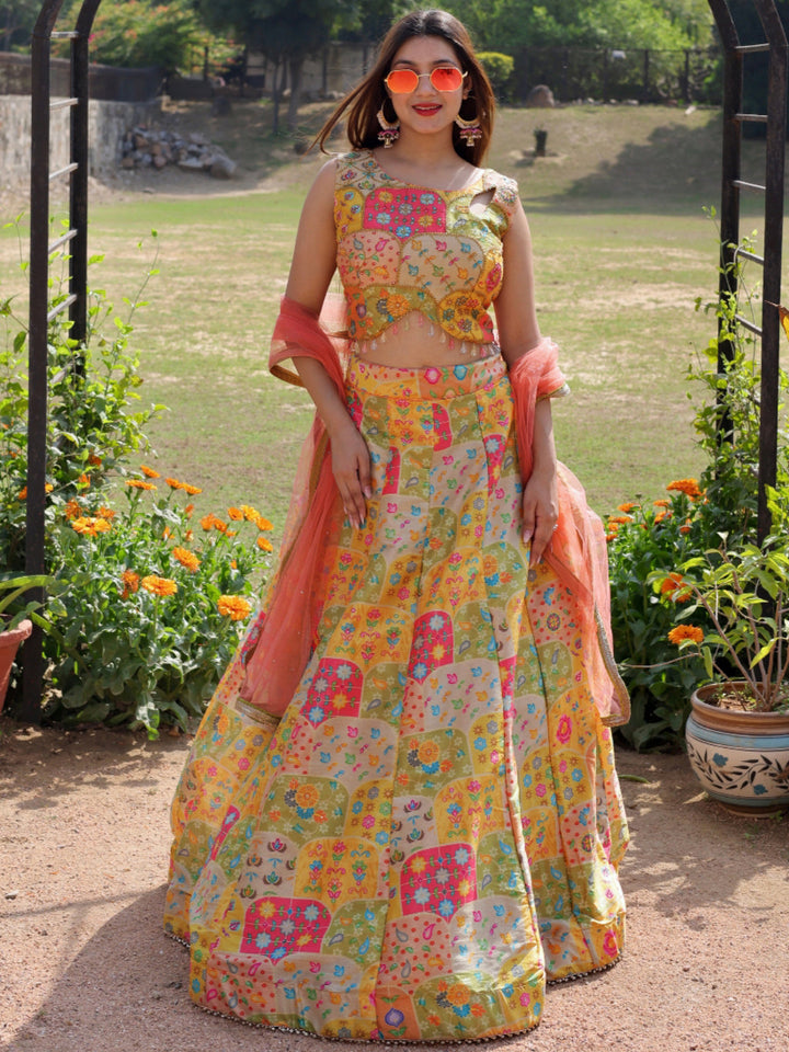 Chhabra 555 Floral Digital Print Crystal Embellished Crop top Lehenga Set with Contrast dupatta