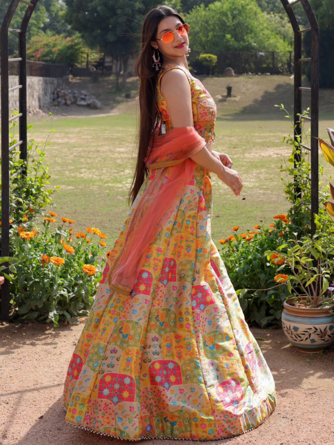 Chhabra 555 Floral Digital Print Crystal Embellished Crop top Lehenga Set with Contrast dupatta