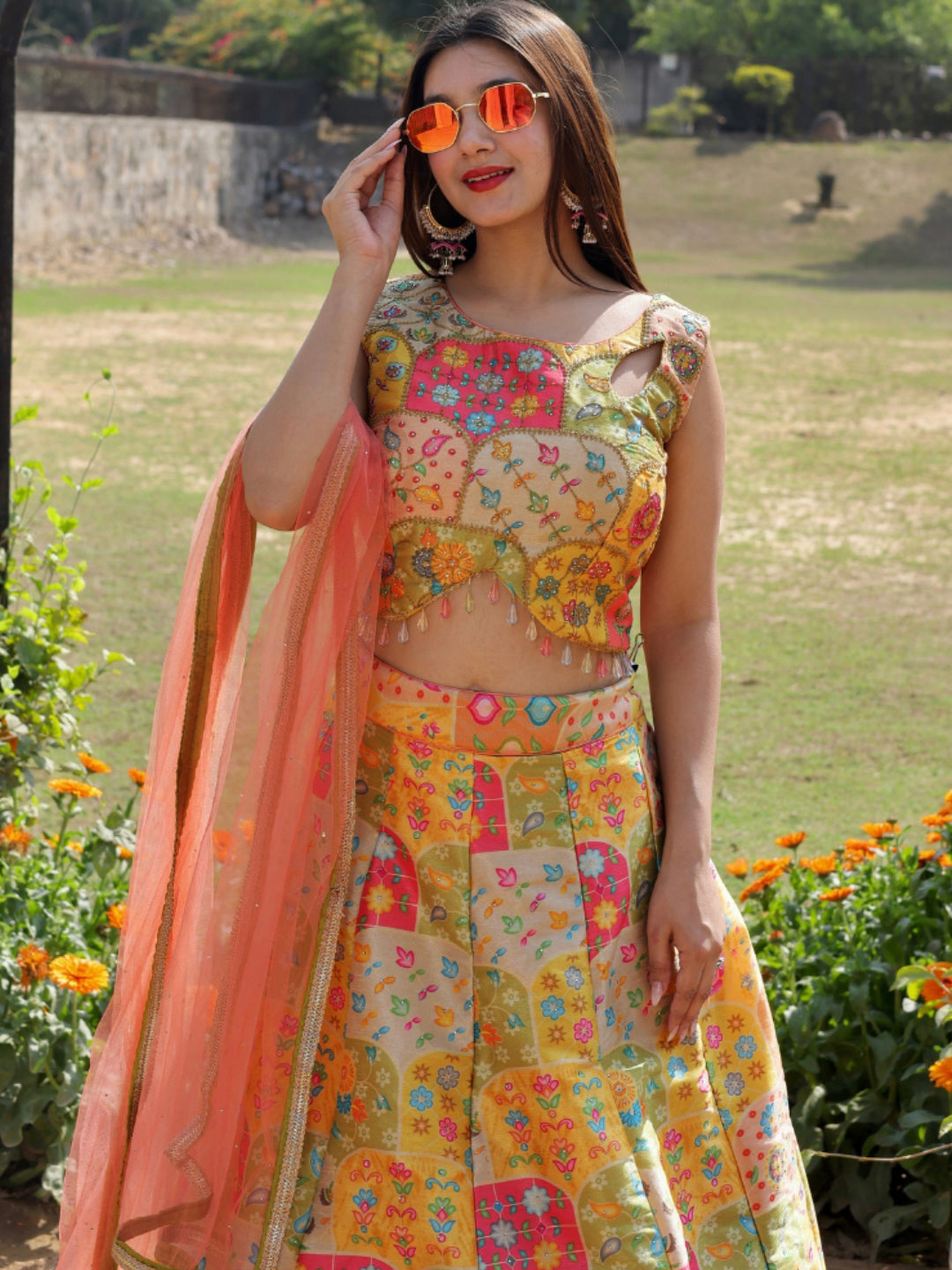 Chhabra 555 Floral Digital Print Crystal Embellished Crop top Lehenga Set with Contrast dupatta