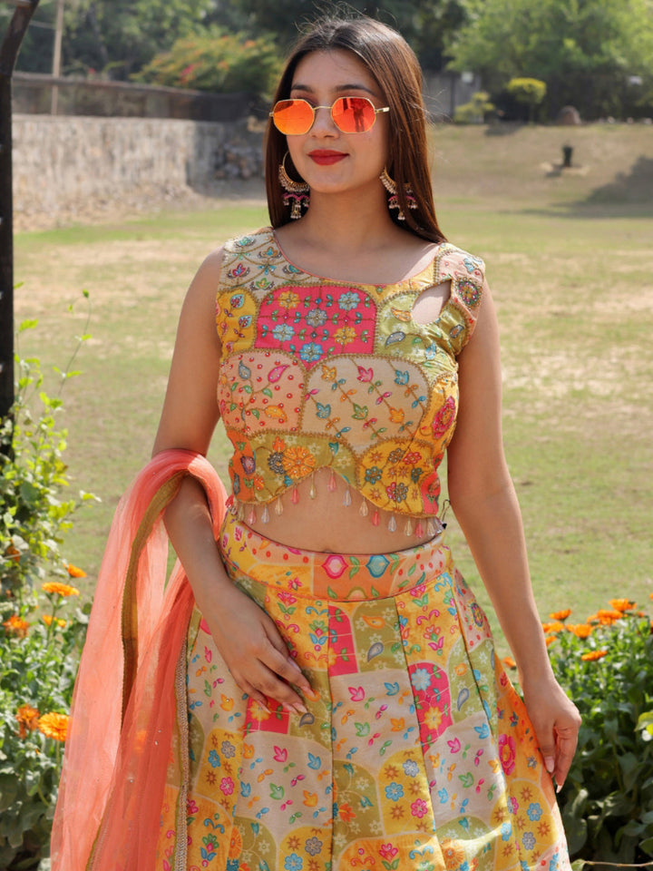 Chhabra 555 Floral Digital Print Crystal Embellished Crop top Lehenga Set with Contrast dupatta