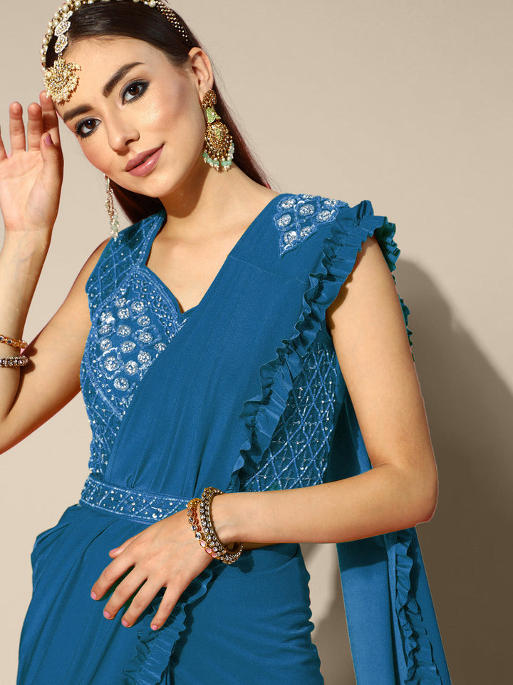Blue Ruffled Pre stitched Saree with Kundan Zircon Embroidered blouse