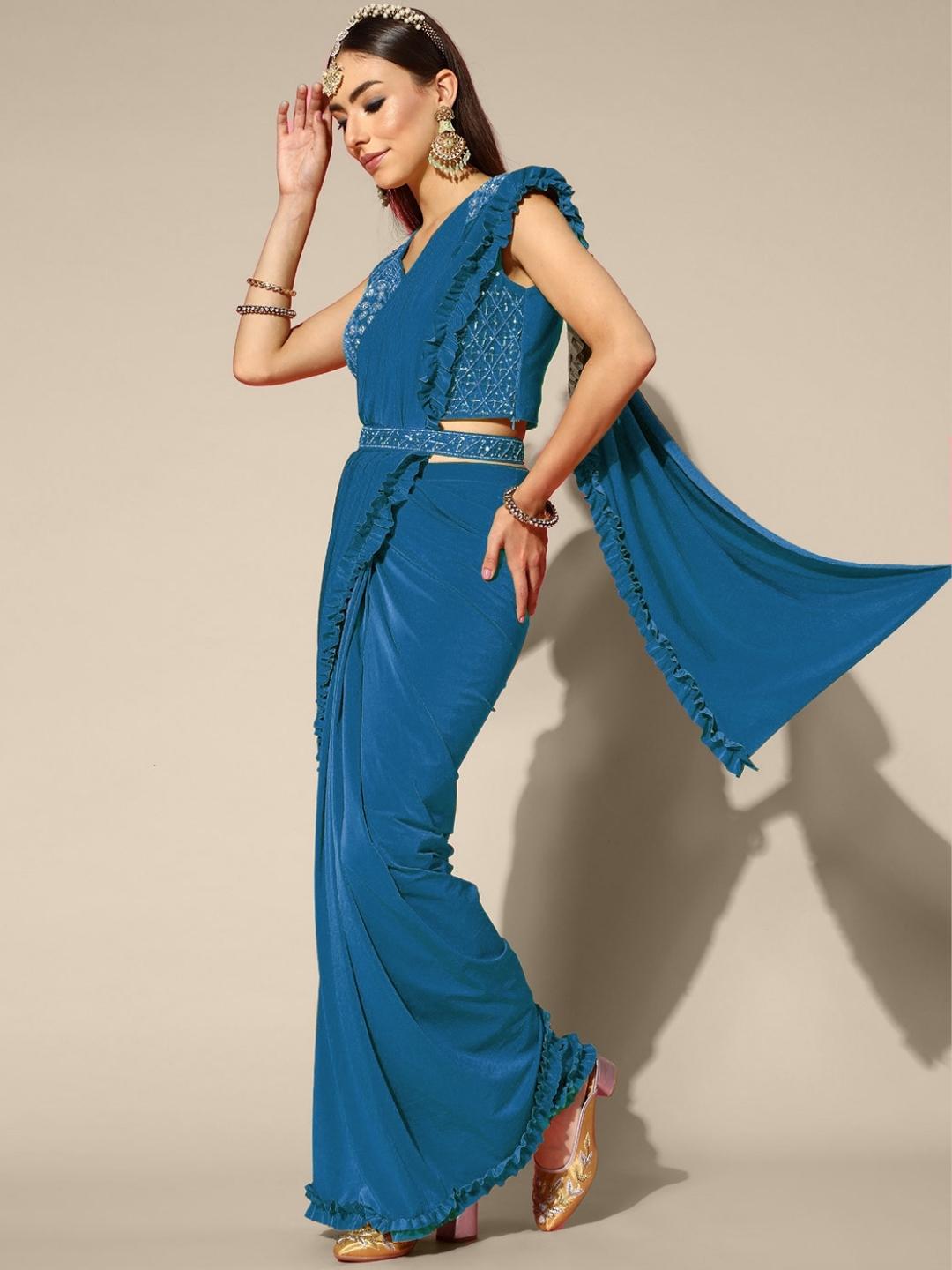 Blue Ruffled Pre stitched Saree with Kundan Zircon Embroidered blouse