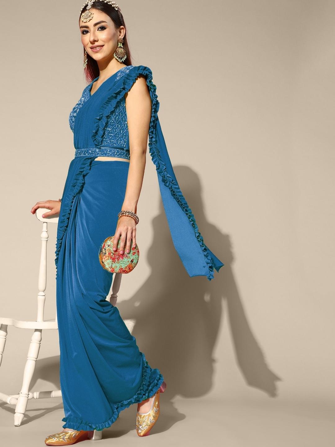Blue Ruffled Pre stitched Saree with Kundan Zircon Embroidered blouse