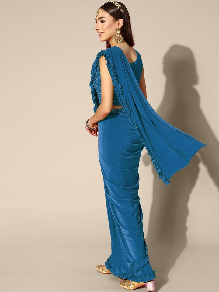 Blue Ruffled Pre stitched Saree with Kundan Zircon Embroidered blouse