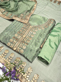 Gota Patti & Resham Embroidery Semi-stitched Punjabi Suit with Striped Sequinned Pattern