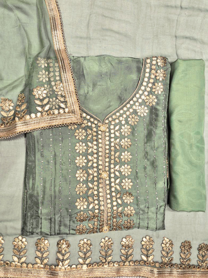 Gota Patti & Resham Embroidery Semi-stitched Punjabi Suit with Striped Sequinned Pattern