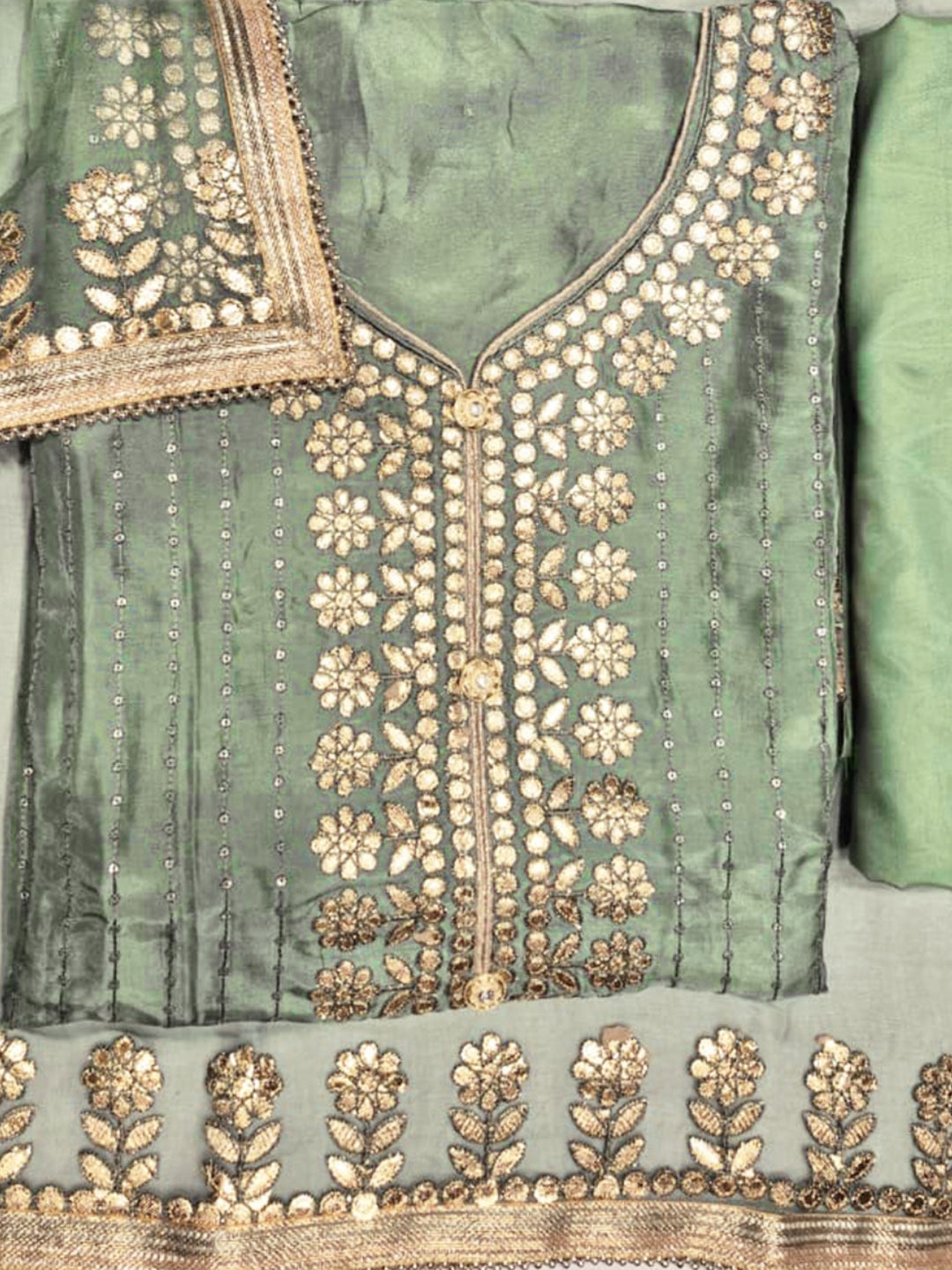 Gota Patti & Resham Embroidery Semi-stitched Punjabi Suit with Striped Sequinned Pattern