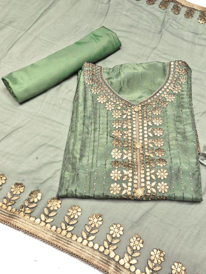 Gota Patti & Resham Embroidery Semi-stitched Punjabi Suit with Striped Sequinned Pattern