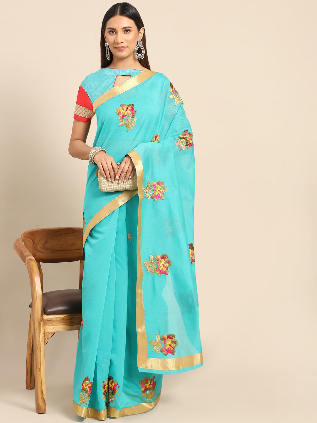 Turquoise Floral Resham Thread Embroidery Cotton Tussar Saree