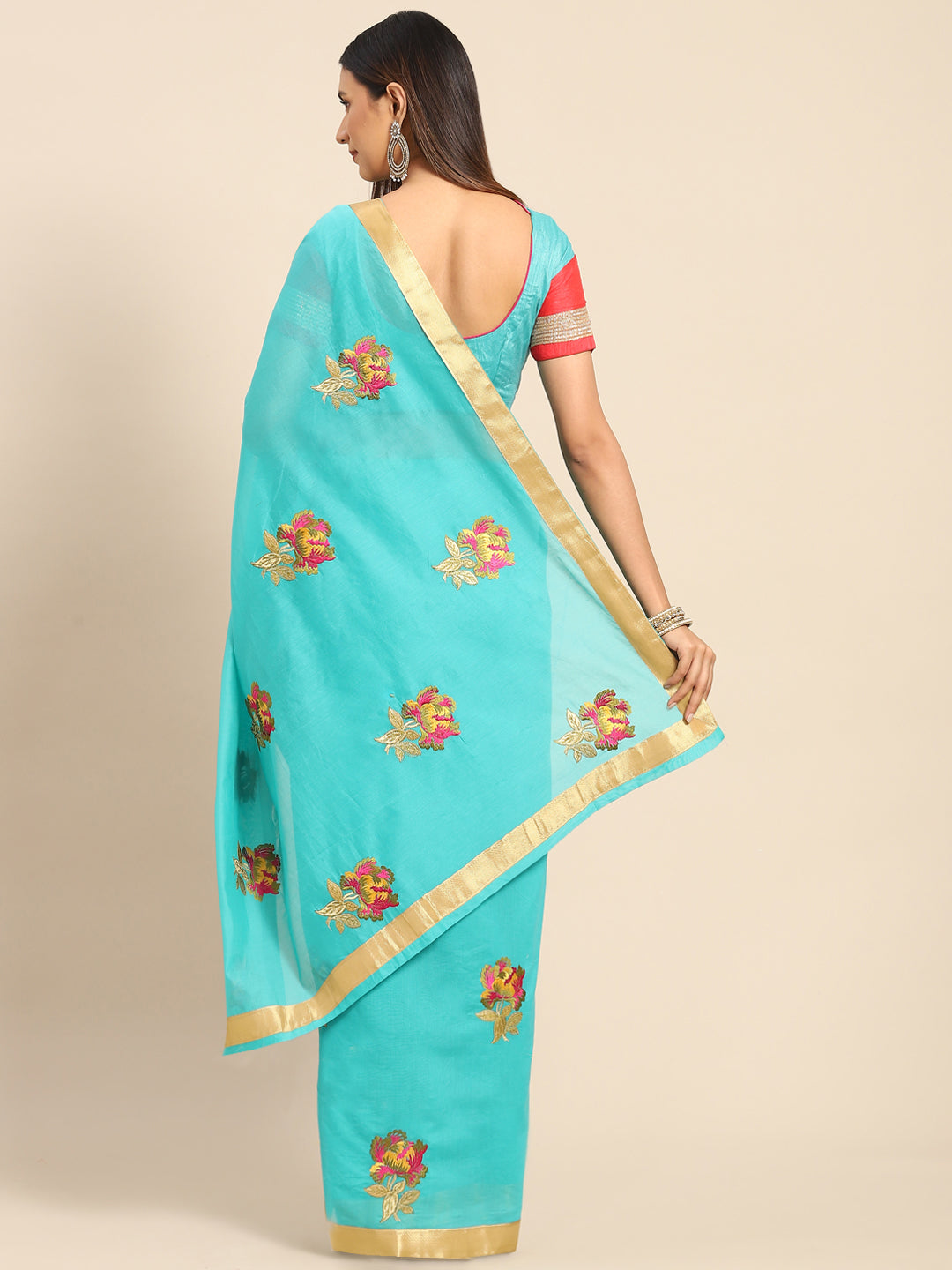 Turquoise Floral Resham Thread Embroidery Cotton Tussar Saree