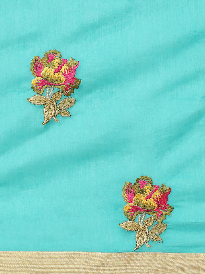 Turquoise Floral Resham Thread Embroidery Cotton Tussar Saree