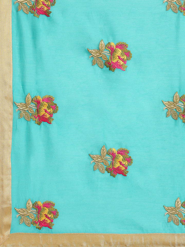Turquoise Floral Resham Thread Embroidery Cotton Tussar Saree