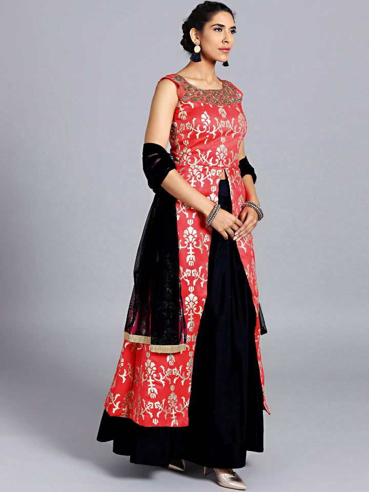 Pink & Black Raw Silk Hand Embroidered Long Jacket Lehenga With Net Dupatta