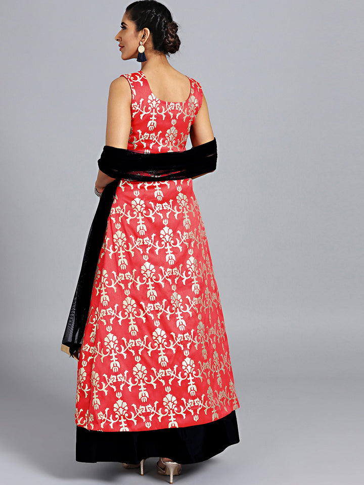 Pink & Black Raw Silk Hand Embroidered Long Jacket Lehenga With Net Dupatta