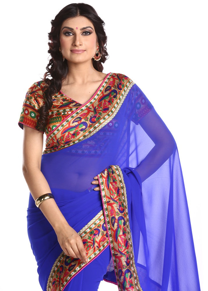 Blue Georgette Saree with Art Silk Paithani Print Blouse