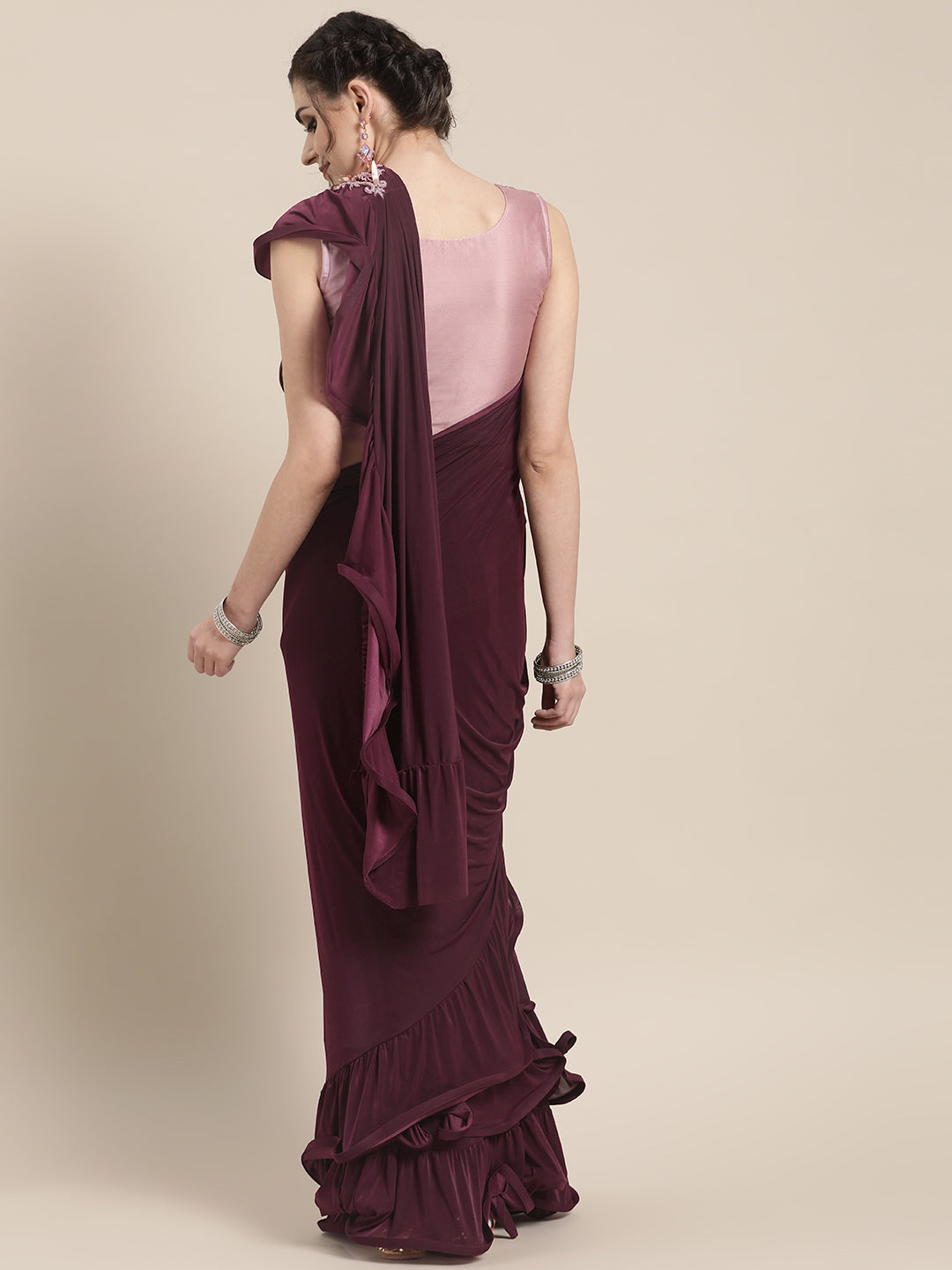 Draped Ruffled Pre-stitched Saree with Tassled Sequin Embroidered Crop Top Blouse