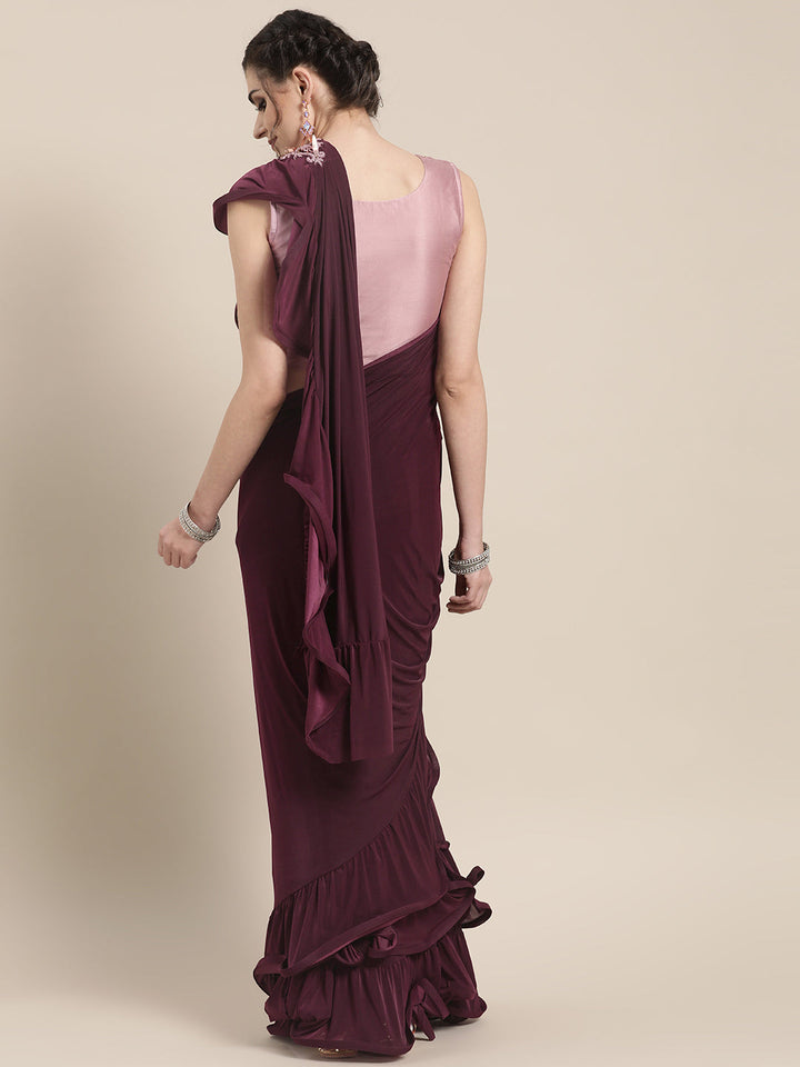 Draped Ruffled Pre-stitched Saree with Tassled Sequin Embroidered Crop Top Blouse