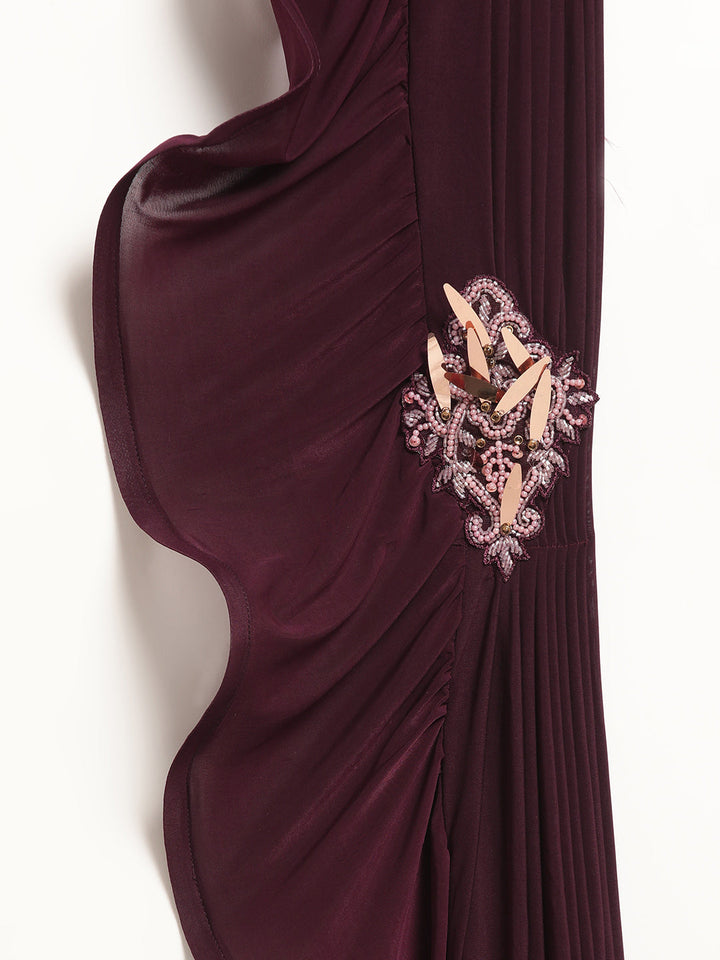 Draped Ruffled Pre-stitched Saree with Tassled Sequin Embroidered Crop Top Blouse