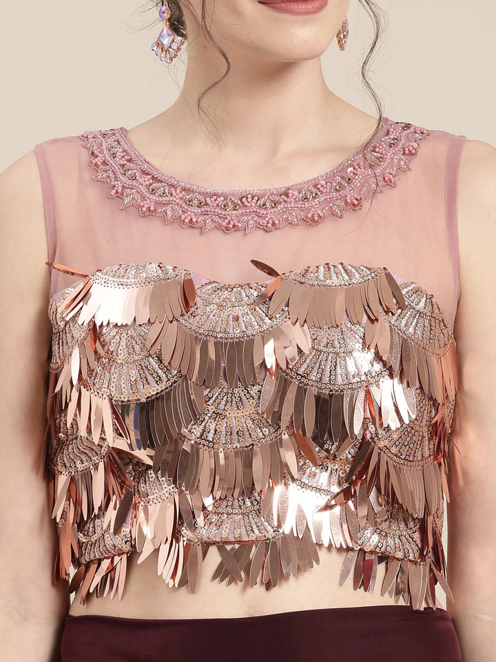 Draped Ruffled Pre-stitched Saree with Tassled Sequin Embroidered Crop Top Blouse