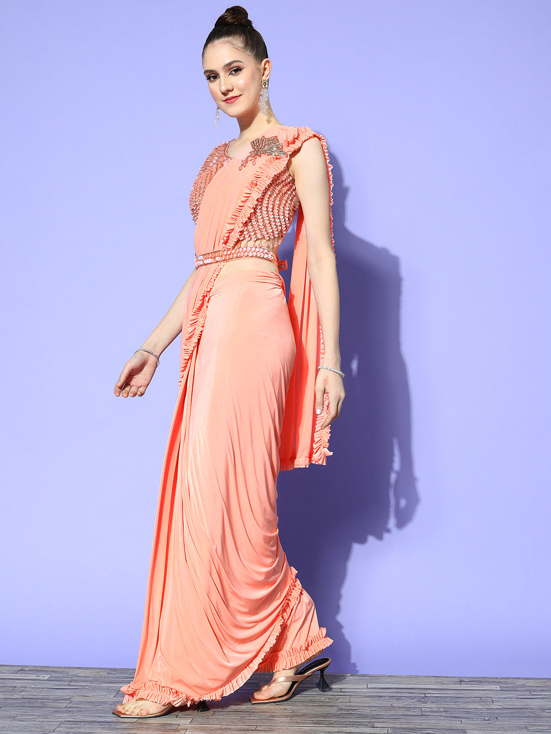 Pre-Draped Lycra Belted Saree With Beads & Sequins Embellish Blouse