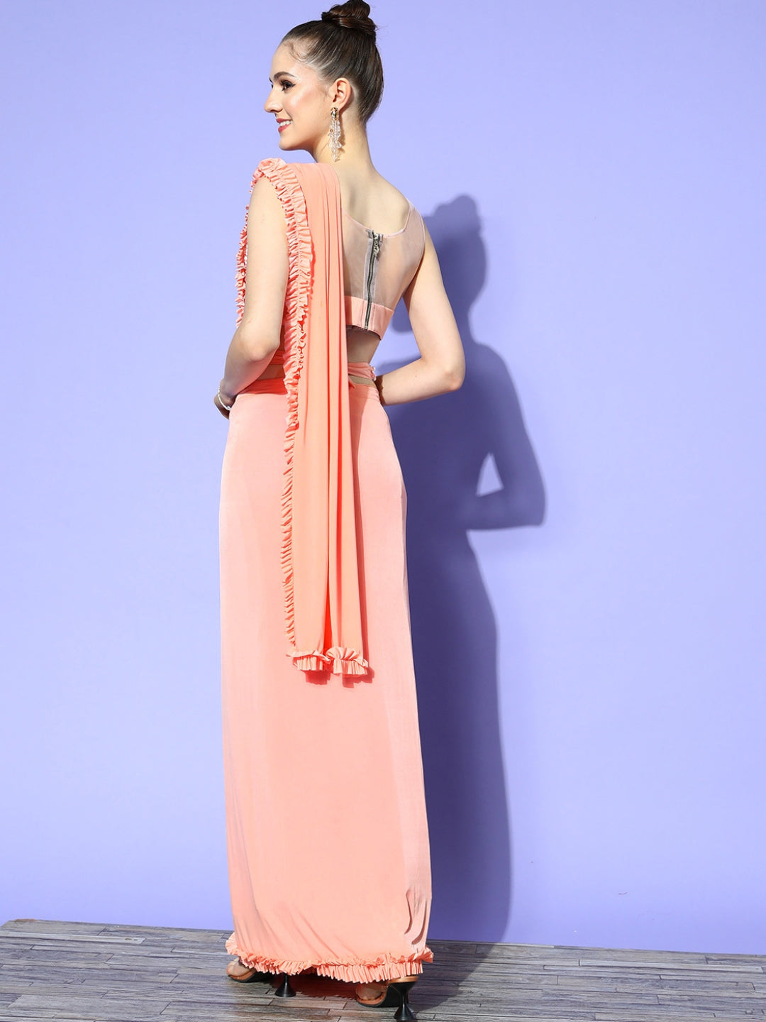 Pre-Draped Lycra Belted Saree With Beads & Sequins Embellish Blouse