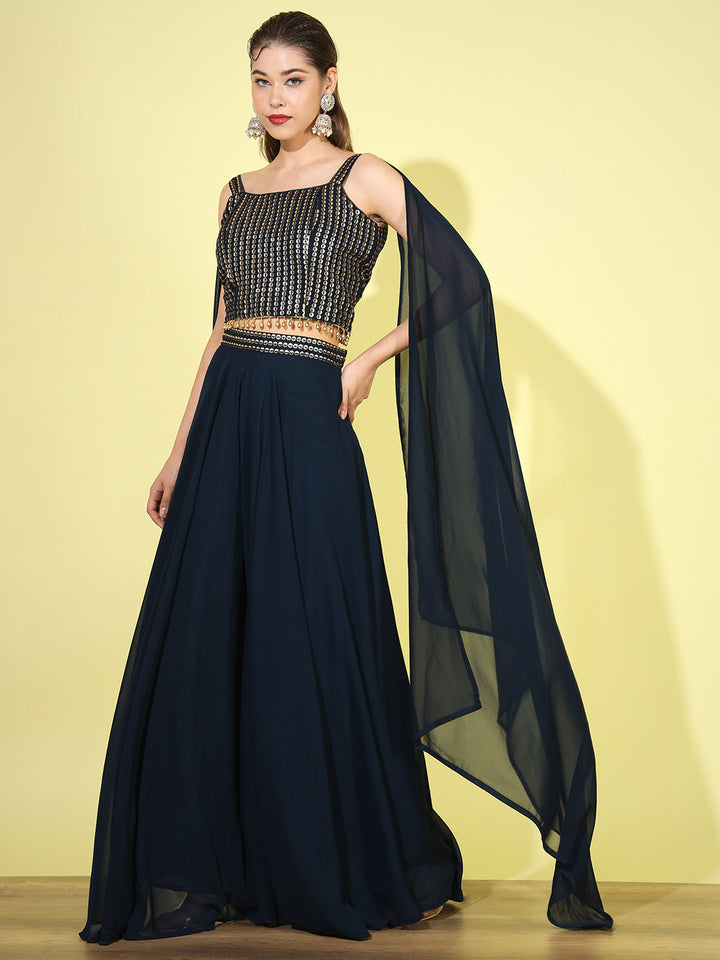 Navy Blue Sequin Embellished Tassled Crop Top with Flared Pallazo Set