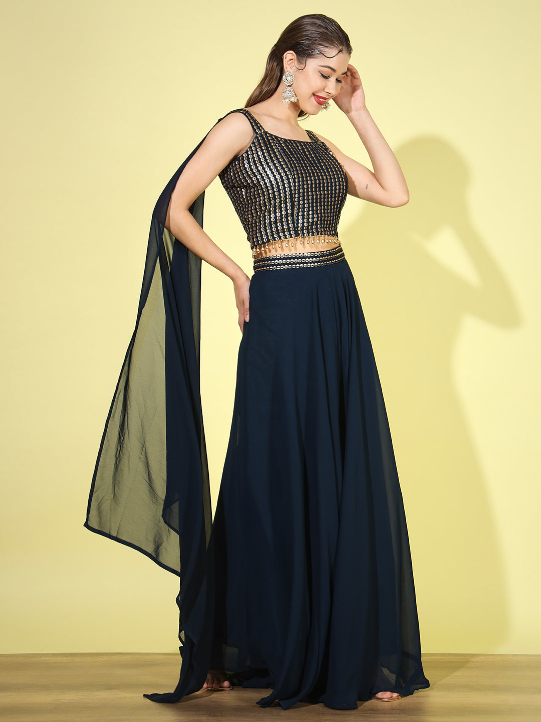 Navy Blue Sequin Embellished Tassled Crop Top with Flared Pallazo Set