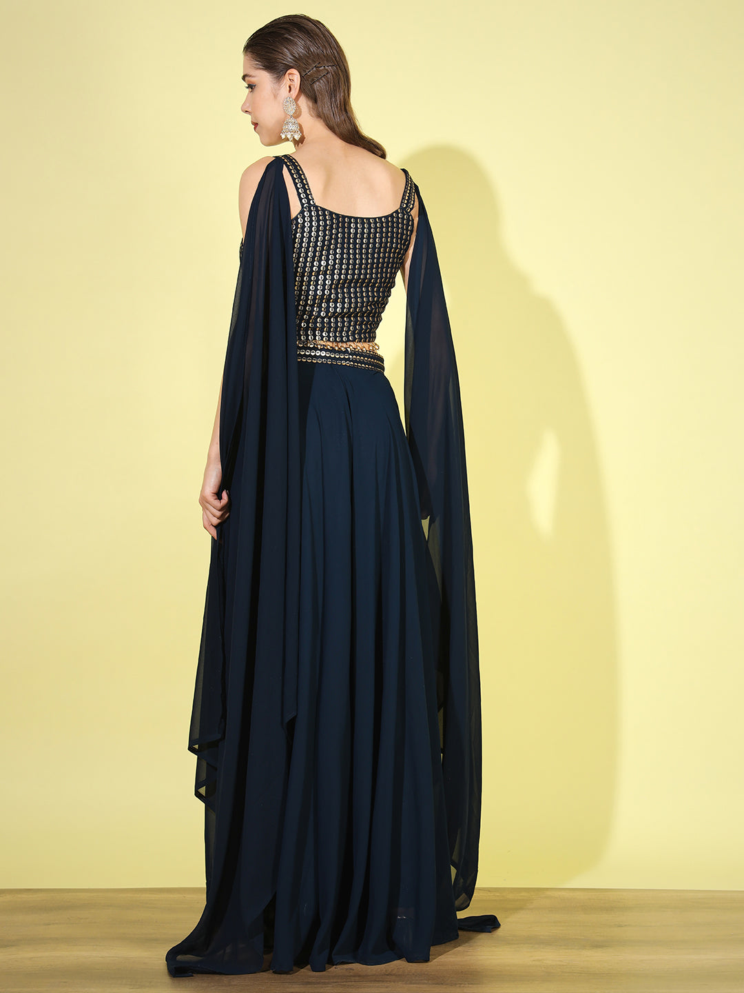 Navy Blue Sequin Embellished Tassled Crop Top with Flared Pallazo Set