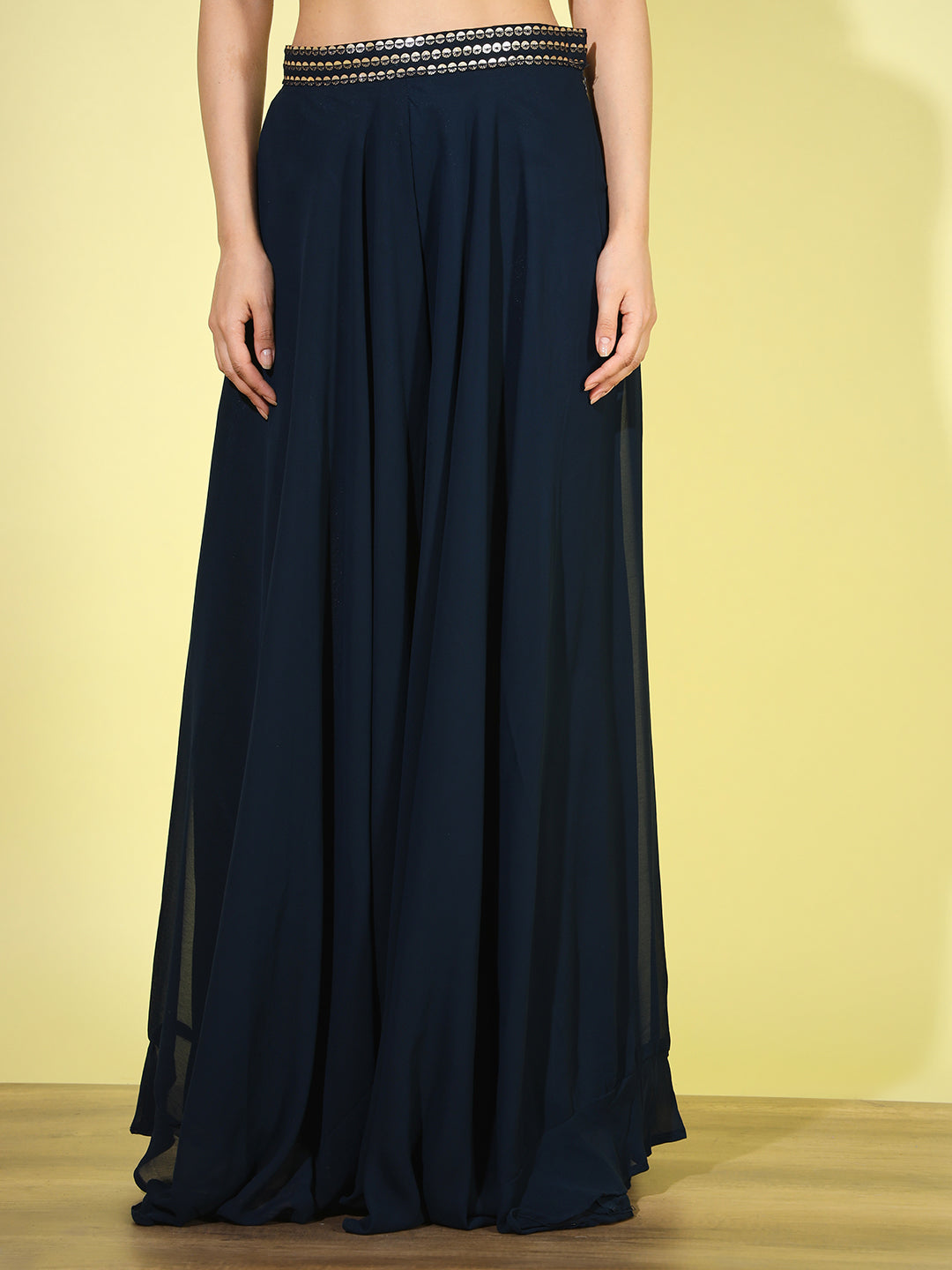 Navy Blue Sequin Embellished Tassled Crop Top with Flared Pallazo Set