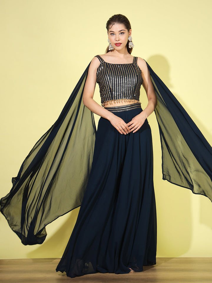 Navy Blue Sequin Embellished Tassled Crop Top with Flared Pallazo Set