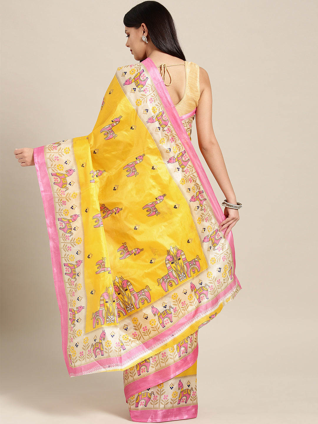 Printed Bhagalpuri Saree with Bright Animal and Geometric Motifs