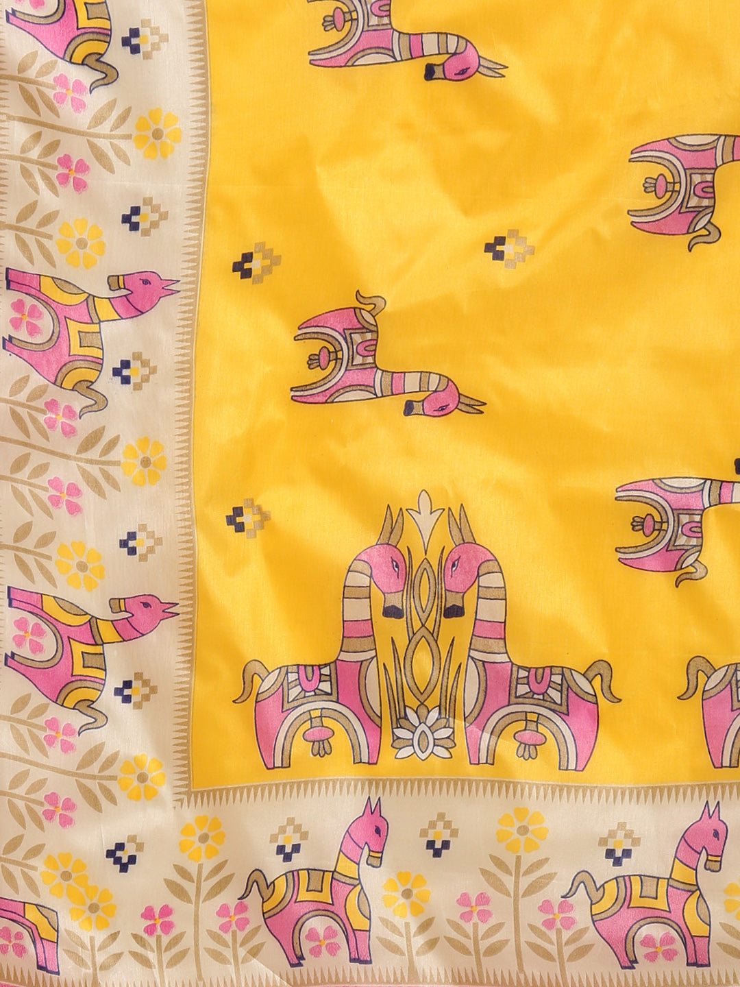Printed Bhagalpuri Saree with Bright Animal and Geometric Motifs