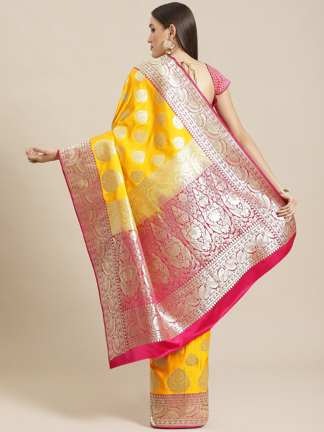 Banarasi Silk Blend Embossed Handloom Saree with Paisley Weaving & Contrast Border,Pallu