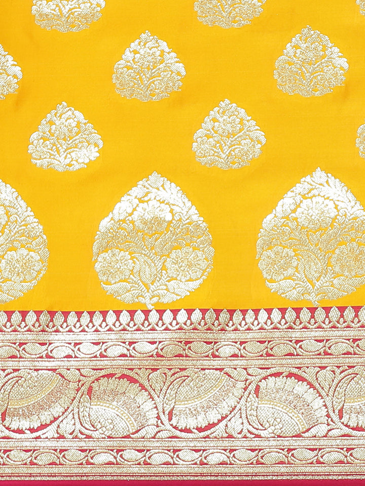 Banarasi Silk Blend Embossed Handloom Saree with Paisley Weaving & Contrast Border,Pallu
