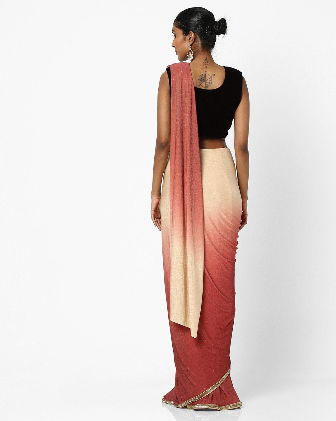 Beige-Rust Ruffled Ombre Saree & Ethnic Embroidered Velvet Blouse